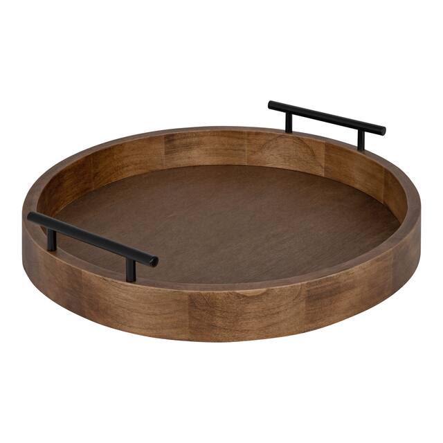 Kate and Laurel Lipton Round Decorative Tray with Metal Handles - 15.5" Diameter - Rustic Brown/Black