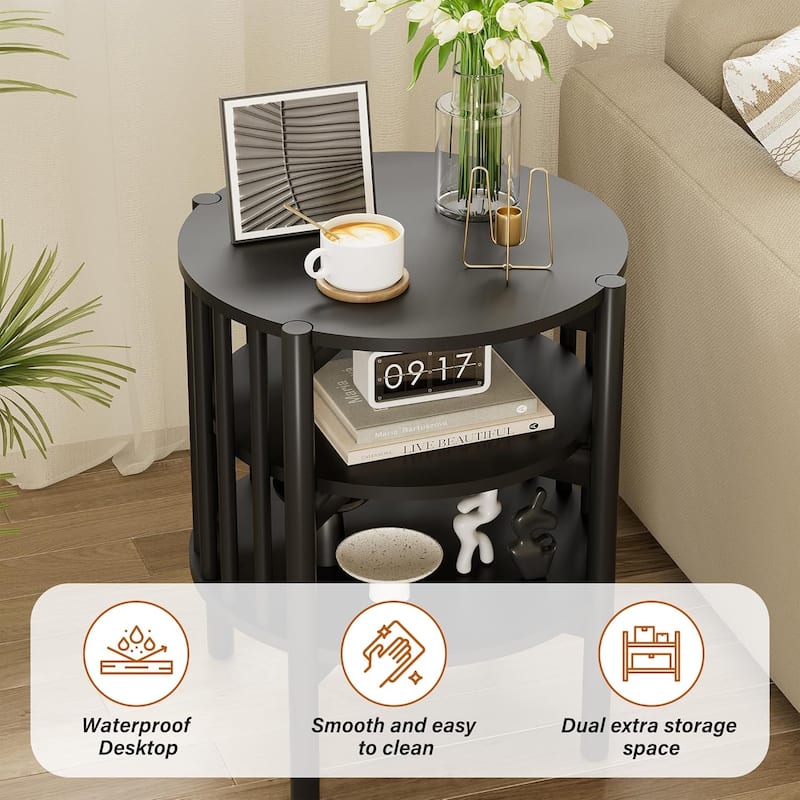 Modern Wood Nightstand with Open Storage, Round End Table for Living Room, Bedroom
