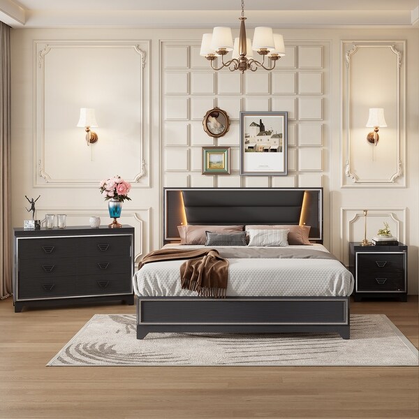 Queen Size Platform Bed with LED Lights, Nightstands and Dresser