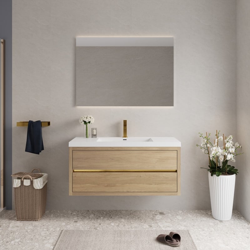 Abruzzo 48" Wall-Mount Bathroom Vanity with Stone Resin Top and Dual Soft-Close Drawers - Natural Oak