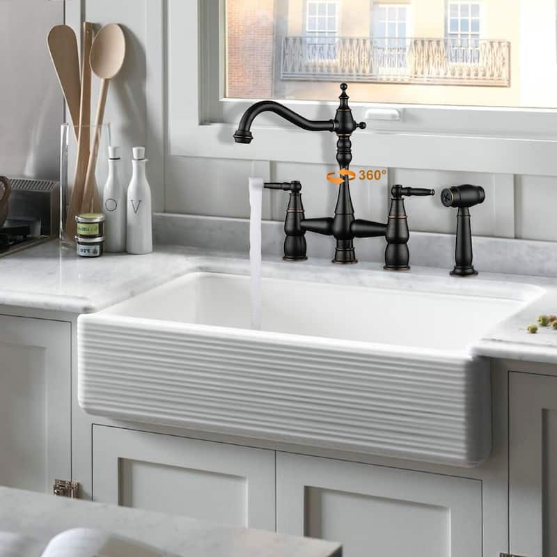 WOWOW 4 Hole Double Handle Bridge Kitchen Faucet with Side Sprayer