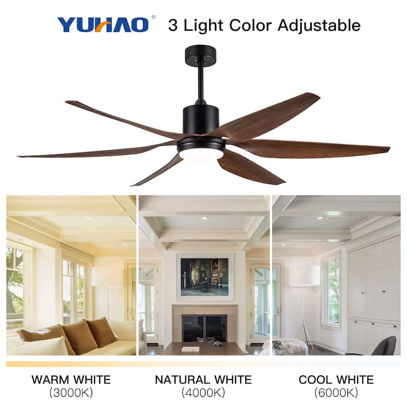 YUHAO 66 in. Integrated LED Farmhouse Indoor Brown Smart Ceiling Fan with Distressed Wood Blades and Remote Control