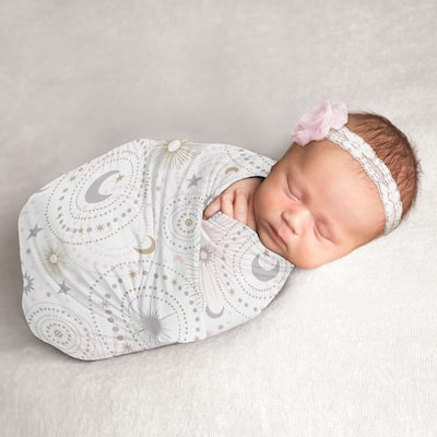 Star and Moon Collection Girl Baby Swaddle Receiving Blanket - Blush Pink, Gold, and Grey Celestial