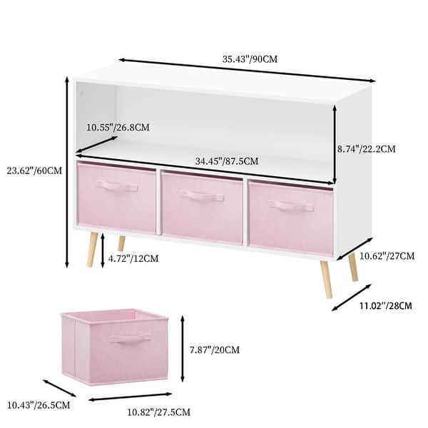 dimension image slide 0 of 2, Kids bookcase with Collapsible Fabric Drawers，Made of High-Density MDF - Easy Setup