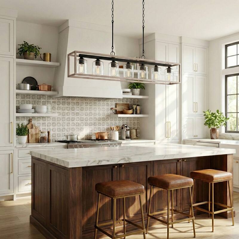 Allegray 48in Farmhouse 7-light Linear Chandelier Rectangle Kitchen Island Pendant - 48'' W x 8'' D x 11'' H