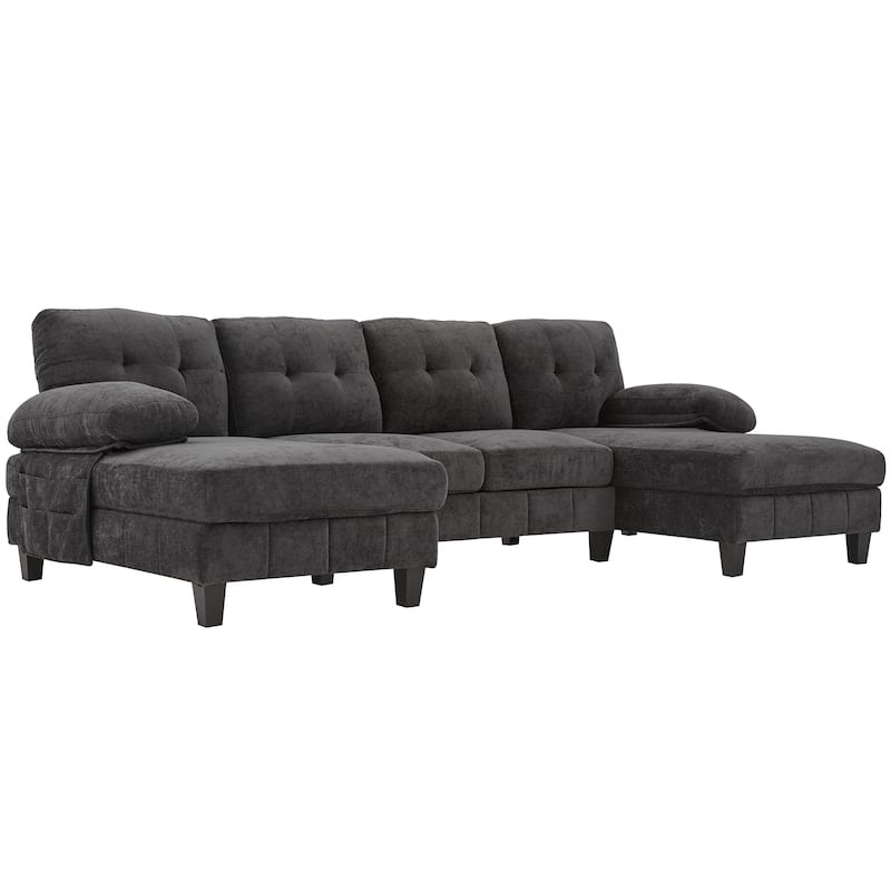 Roomfitters U-Shaped Chenille Sectional Sofa with Dual Chaises, Armrest Pillows and Storage Pockets for Living Room