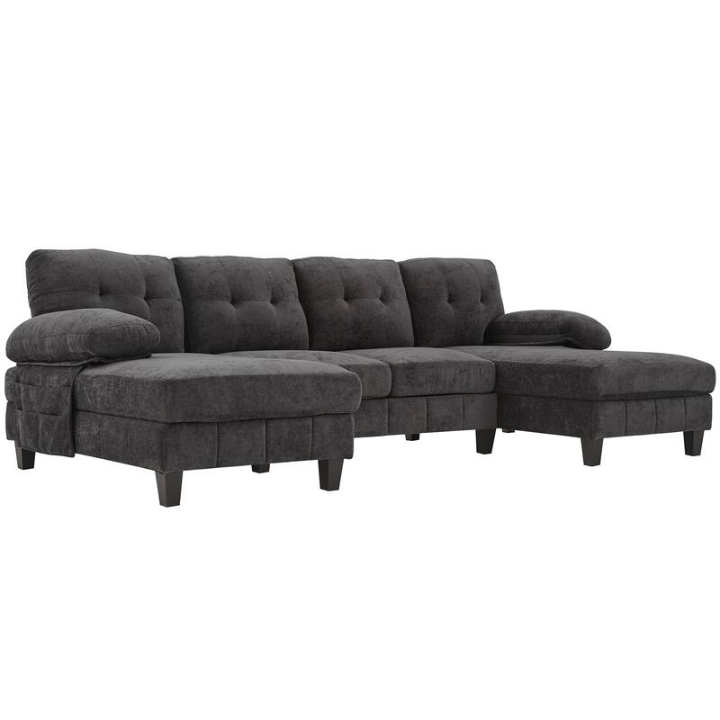U-shaped Sectional Sofa, Chenille Fabric, Dual Chaise Lounges, Storage Pockets, Armrest Pillows, Black