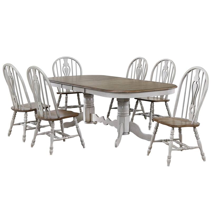 Extendable Dining Table Set - 7 Piece Oval Table with Pedestals - Seats 10 - Gray & Brown Wood Finish