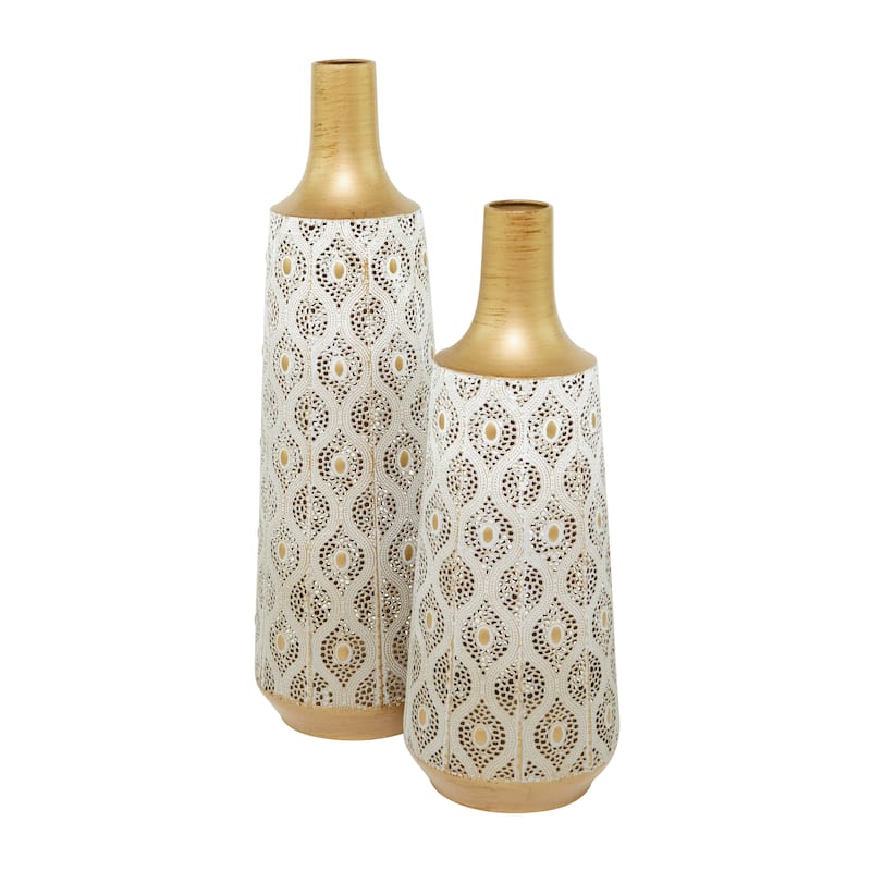 Metal Vase with Diamond Pattern - Set of 2 White - Roche River Decor - 7"W x 7"L x 24"H