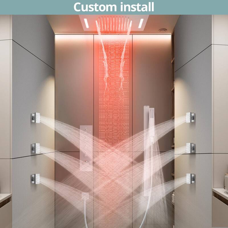 64 LED Thermostatic Shower Faucet 22"x15" Rainfall & Waterfall Shower System 5 Way Digital Display Valve w/ 6 Body Jets