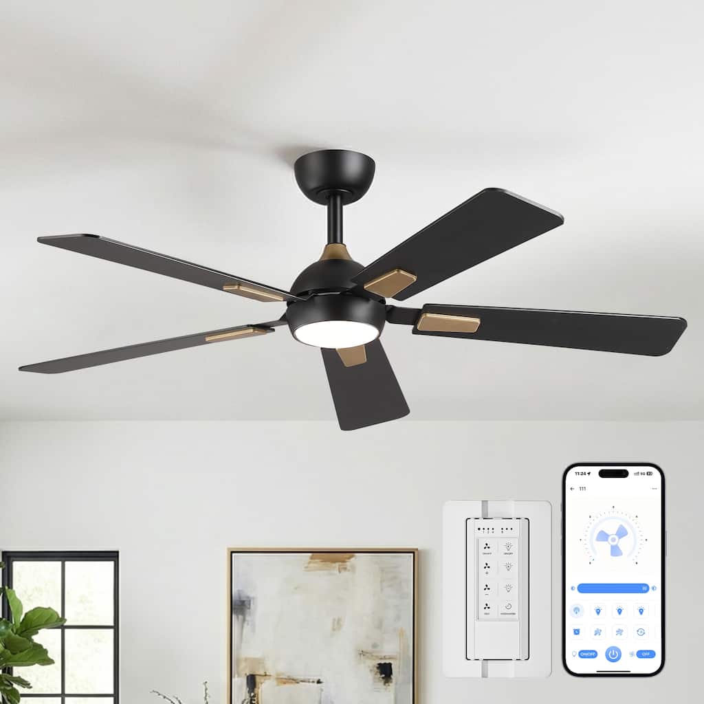 52" Modern Matte Black Dimmable Reversible Smart Ceiling Fan with Light, APP Control and Remote - 52" W x 52" D x 17.4" H