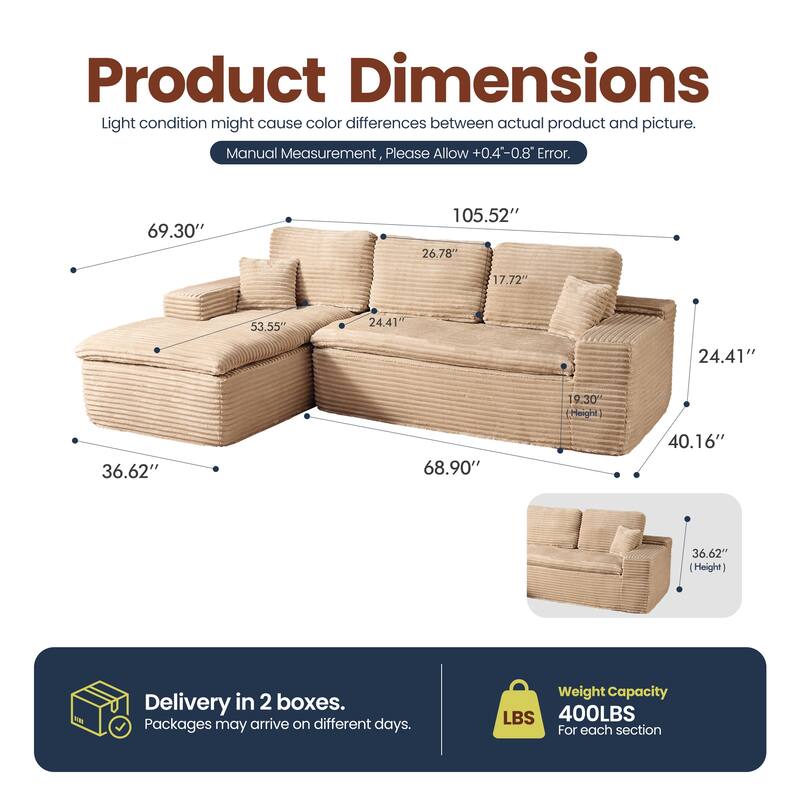 HOOOWOOO Modern Upholstered Fabric Sectional Sofa with Chaise