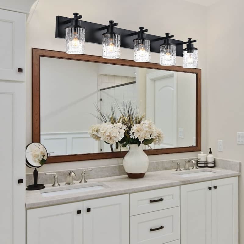 5 Light Bathroom Lighting, Modern Black Vanity Light Fixture Over Mirror, Industrial Fixture with Clear Grid Glass
