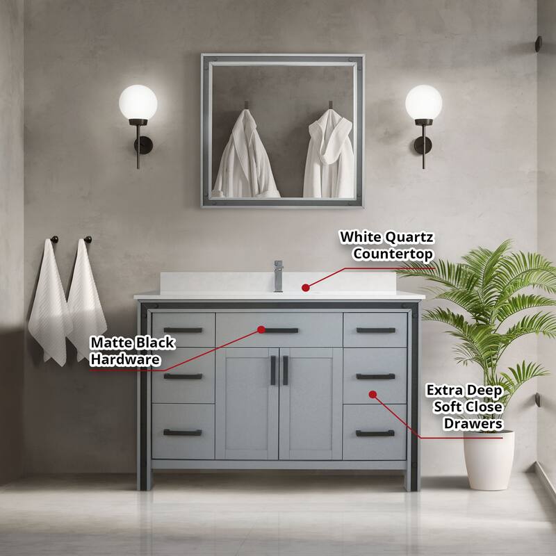 Ziva 48 in W x 22 in D White Bath Vanity, White Quartz Top, Faucet Set and 34 in Mirror