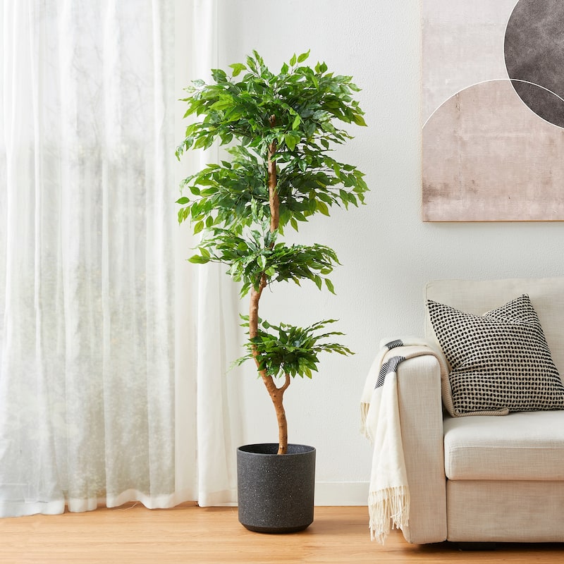 Glitzhome 5ft Artificial Ficus Tree Real Touch Faux Plant in Pot for Home Decor - 5ft