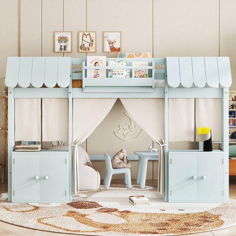 Roomfitters Low Loft Bed with Curtain and Storage, Solid Wood Cottage Frame with Bookshelf - Light Blue - Full
