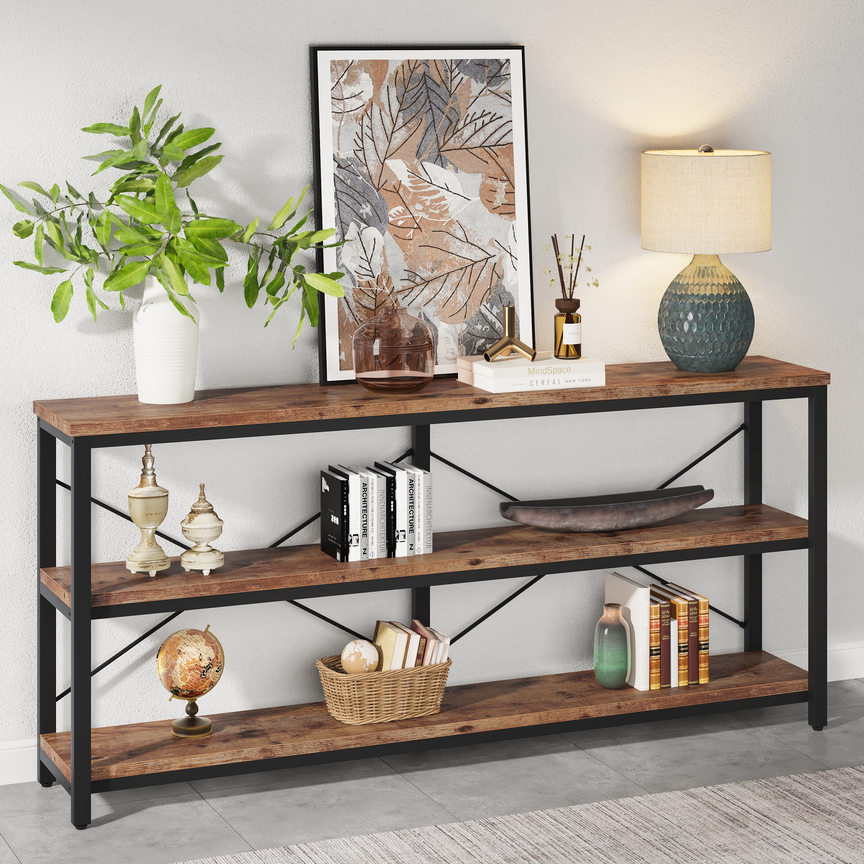 Tall console shop table with shelves