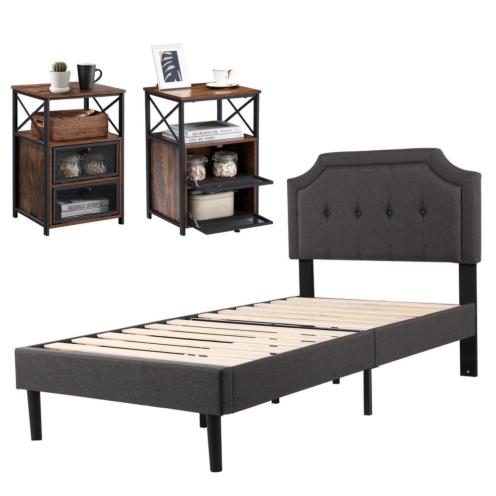 VECELO 3-pieces Height Adjustable Tufted Upholstered Bed Frame and Modern Nightstand Sets