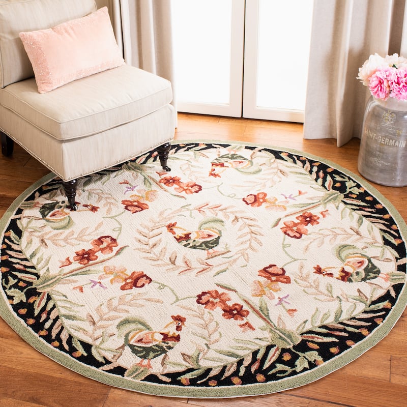 SAFAVIEH Handmade Chelsea Asmaa French Country Rooster Wool Rug - 5'6" Round - Creme/Black