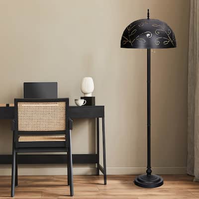 Riya River of Goods Black and Gold Metal 3-Light Candlestick 65.25-Inch Floor Lamp with Bowl Shade - 20" x 20" x 65.25"