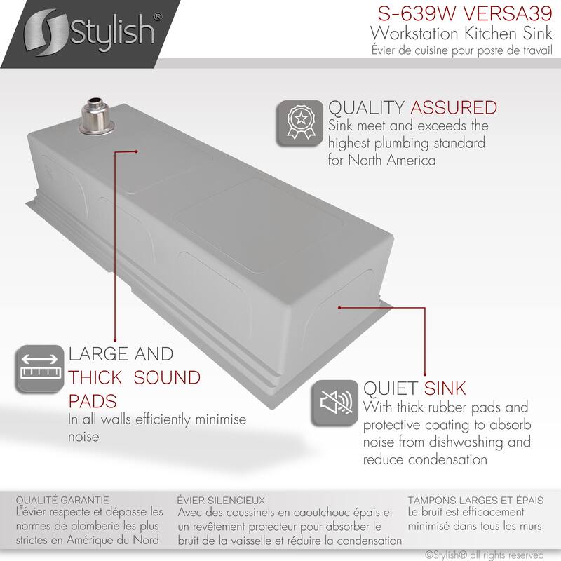 STYLISH 39 inches Workstation Single Bowl Undermount 16 Gauge Stainless Steel Kitchen Sink with Accessories included