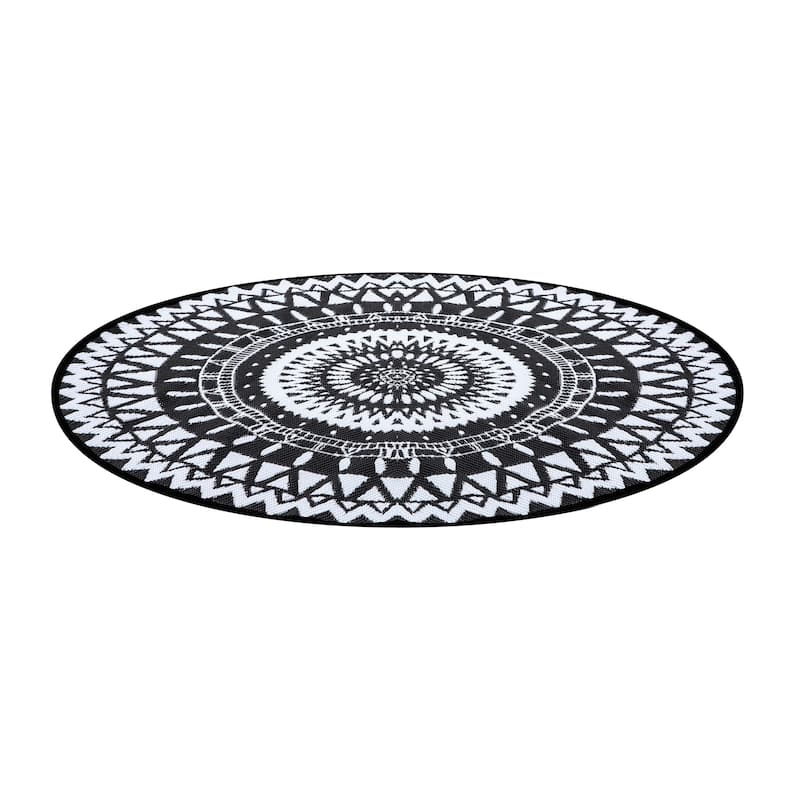 NUU GARDEN Black/ White Indoor/Outdoor Kaleidoscope Round Area Rug
