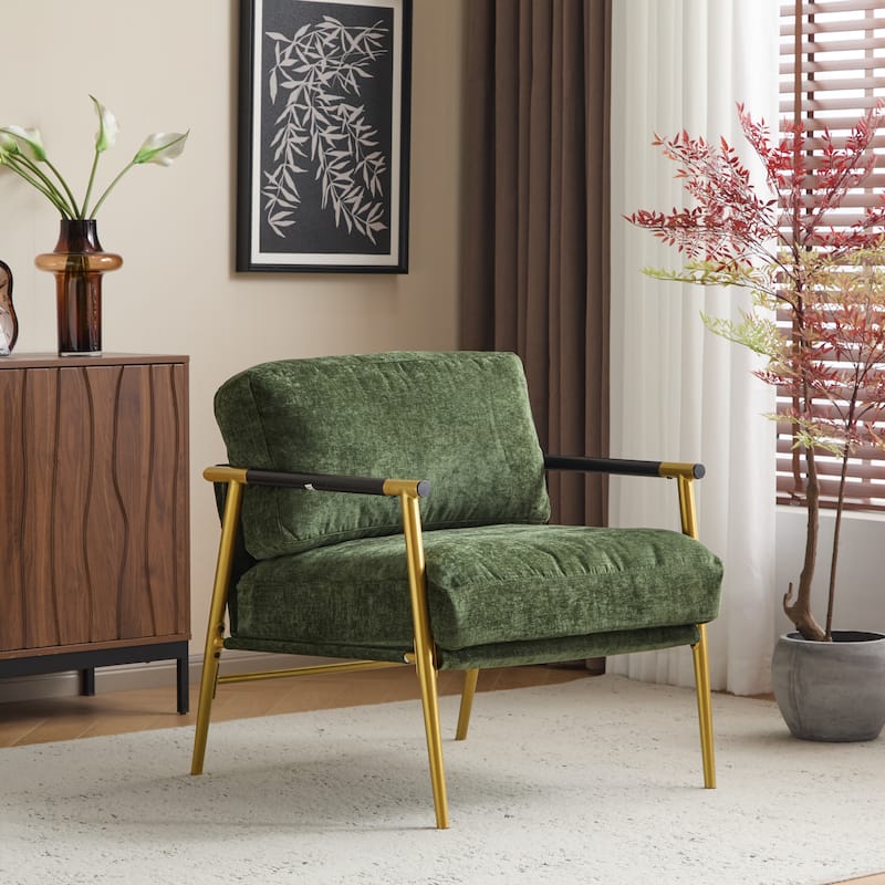 27.56" Modern Accent Chair with Plush Cushions, Metal Frame, and Wooden Armrest Design -for Living Room, Bedroom