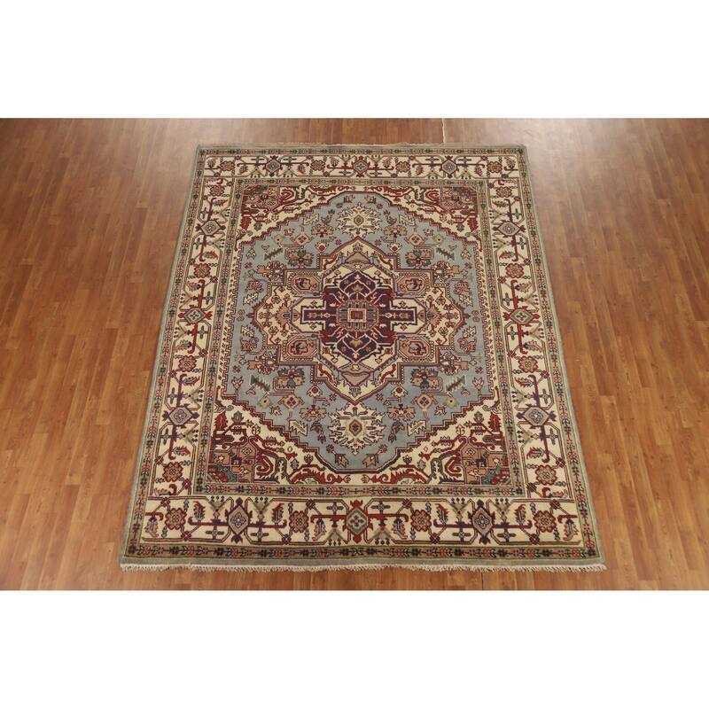 Hand Knotted Oriental 100% Wool Carpet Traditional Medallion Navy Blue & Blues Heriz (serapi) Area Rug - 9' 9'' X 7' 11''
