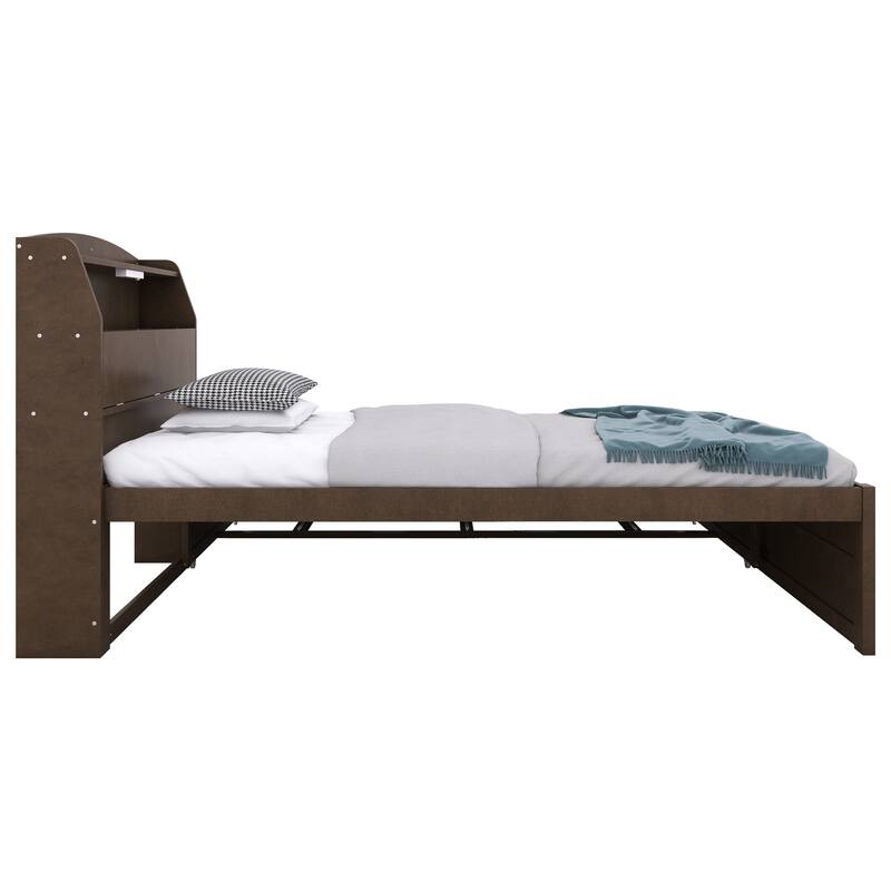 Wood Captain Bed Platform Bed with Trundle and 3 Drawers, Single Bed Frame with Storage Headboard and Integrated LED Light