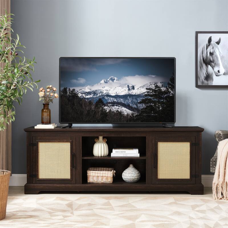 Farmhouse Rattan TV Stand Console Table - Espresso