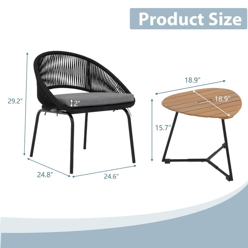 Luxurious 3-Piece Metal Woven Rope Outdoor Bistro Set with Gray Cushion & Coffee Table - 24.8*24.6*29.2 INCH