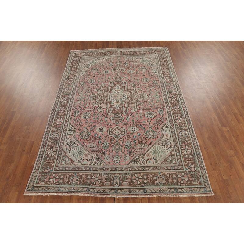 Geometric Tabriz Persian Vintage Area Rug Handmade Pink Wool Carpet - 6'5"x 9'8"