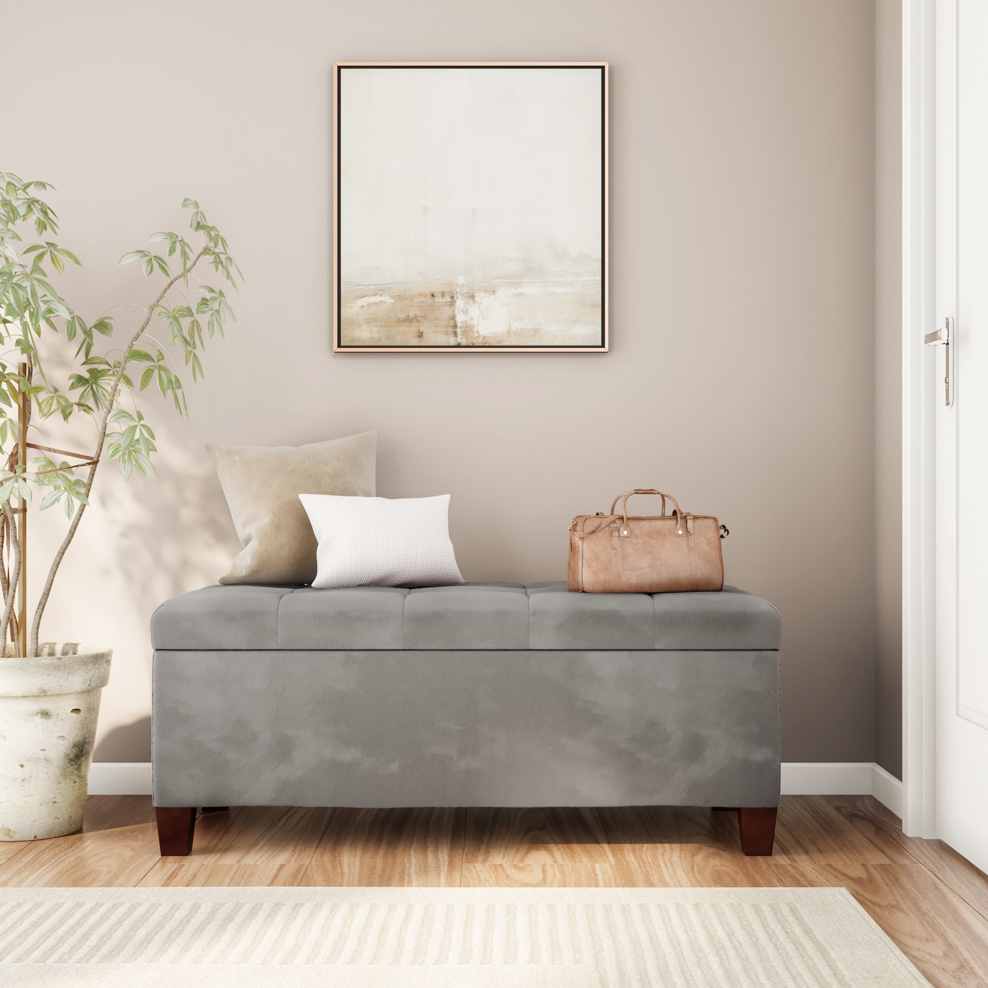 Linon Copper Grove Clarkia Grey Tufted Flip-Top Ottoman with Shoe Storage
