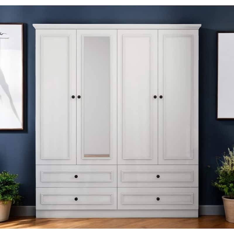HomeRoots 71" White Carved Geometric Mirrored Four Door Four Drawer Combo Dresser - White - 4-drawer