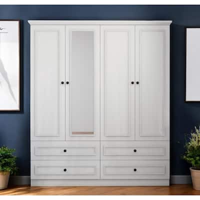 HomeRoots 71" White Carved Geometric Mirrored Four Door Four Drawer Combo Dresser