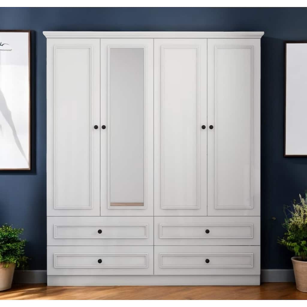 HomeRoots 71" White Carved Geometric Mirrored Four Door Four Drawer Combo Dresser