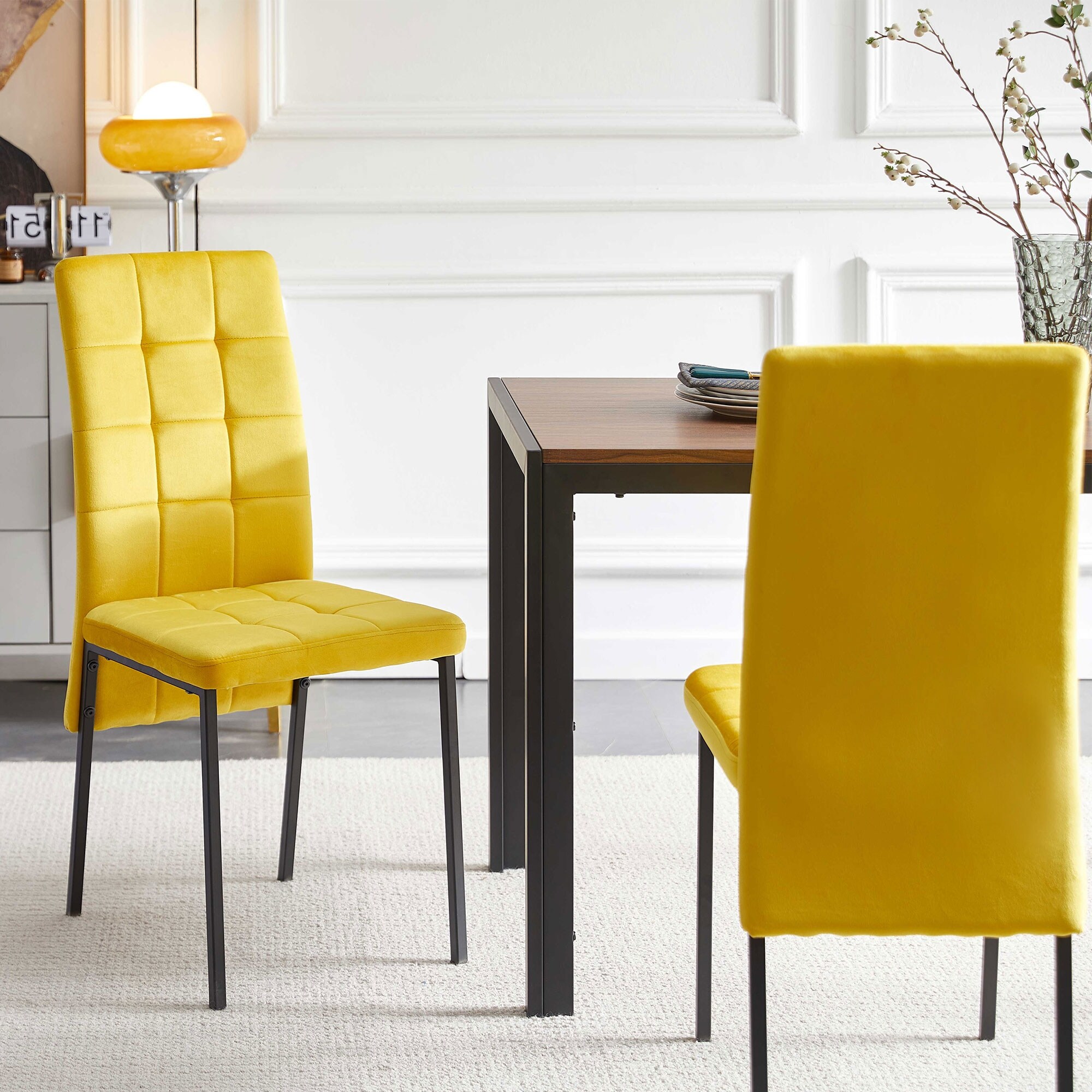 Velvet High Back Nordic Dining Chair Modern Fabric Chair with Black Legs Set Of 2