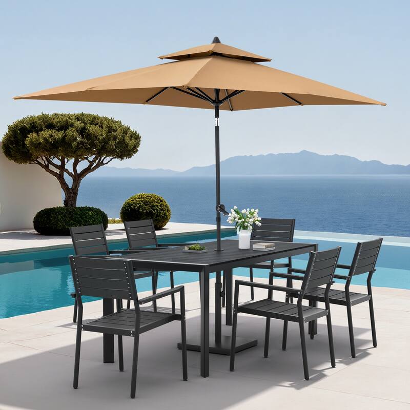 9-Piece Outdoor Patio Dining Set Wood Like Aluminum Umbrella Hole Table with Stackable Armchairs, Market Umbrella and Base - BlackTable&BlackChairs&TanUmbrella