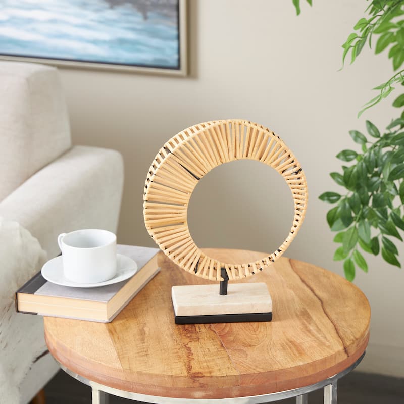 Brown Rattan Handmade Mobius Strip Inspired Abstract Sculpture with White Marble Base - Brown - 11" x 3" x 12"
