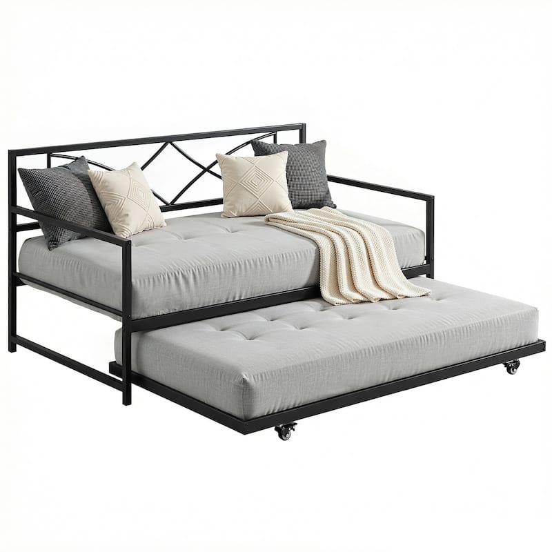 Moasis Twin Daybed with Pull Out Trundle, Metal Trundle Bed - Black-2 - Twin