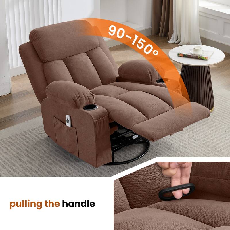 Swivel Rocker Recliner with Vibration Massage Heat USB Port Cup Holders