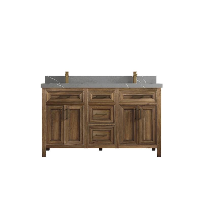 Willow Collections 60 in. W x 22 in. D Santa Monica Teak Double Sink Bathroom Vanity with Countertop - 2" Piatra Gray - Gray Washed Teak
