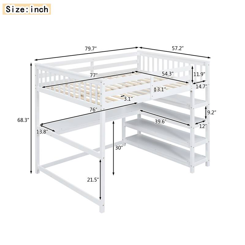Full/Twin Loft Bed with Integrated Desk and Shelves, Space-Saving Wooden Frame, Durable Pine Wood and MDF, Guardrails Included