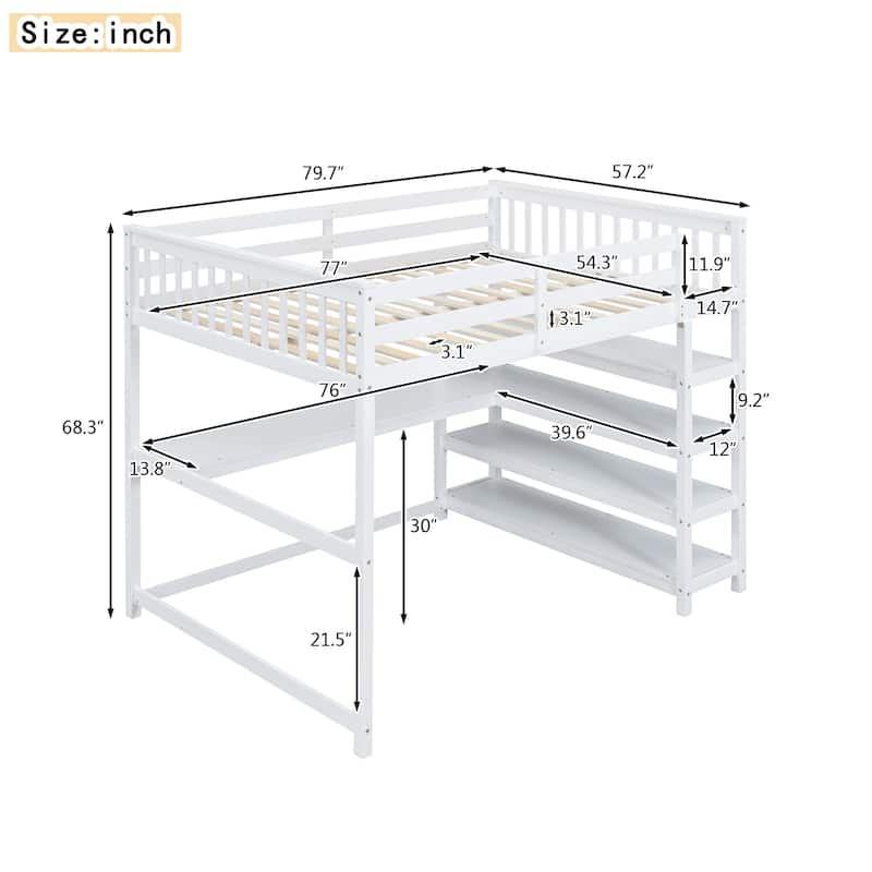 Loft Bed with Storage Shelves and Under-Bed Desk