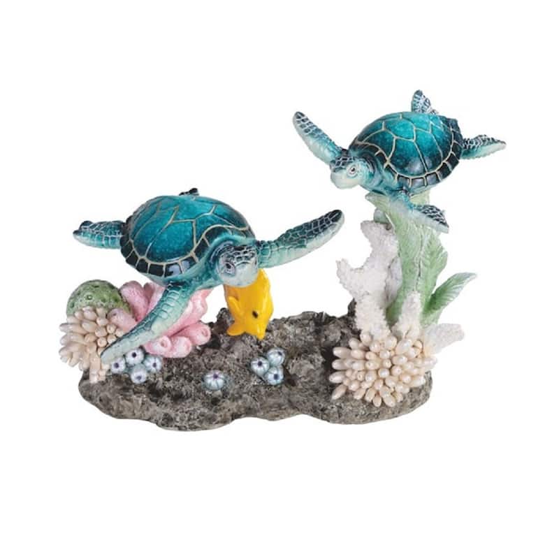 Q-Max 8.75"W Two Blue Sea Turtles Swimming with Yellow Fish Statue Marine Life Decoration Figurine