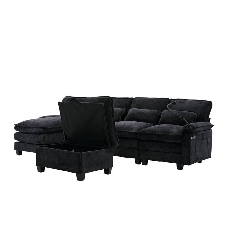 Chenille U-shape Sectional Sofa with Chaise and Storage Ottoman, Modular Couch with USB/Type-C Ports, Side Pockets, Phone Holder