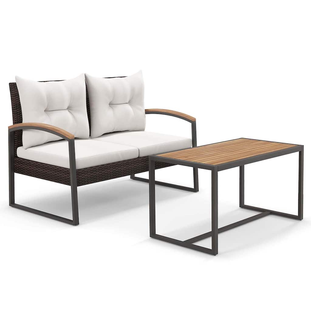 Gymax Set of 2 PE Wicker Furniture Set Loveseat w/ Acacia Wood Coffee