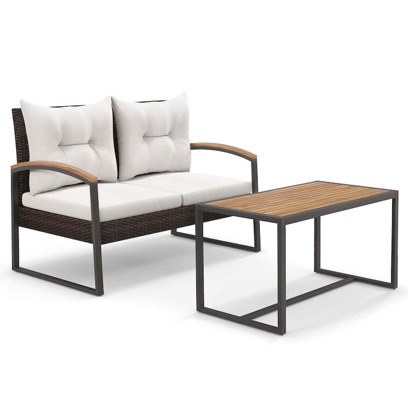Gymax Set of 2 PE Wicker Furniture Set Loveseat w/ Acacia Wood Coffee - White