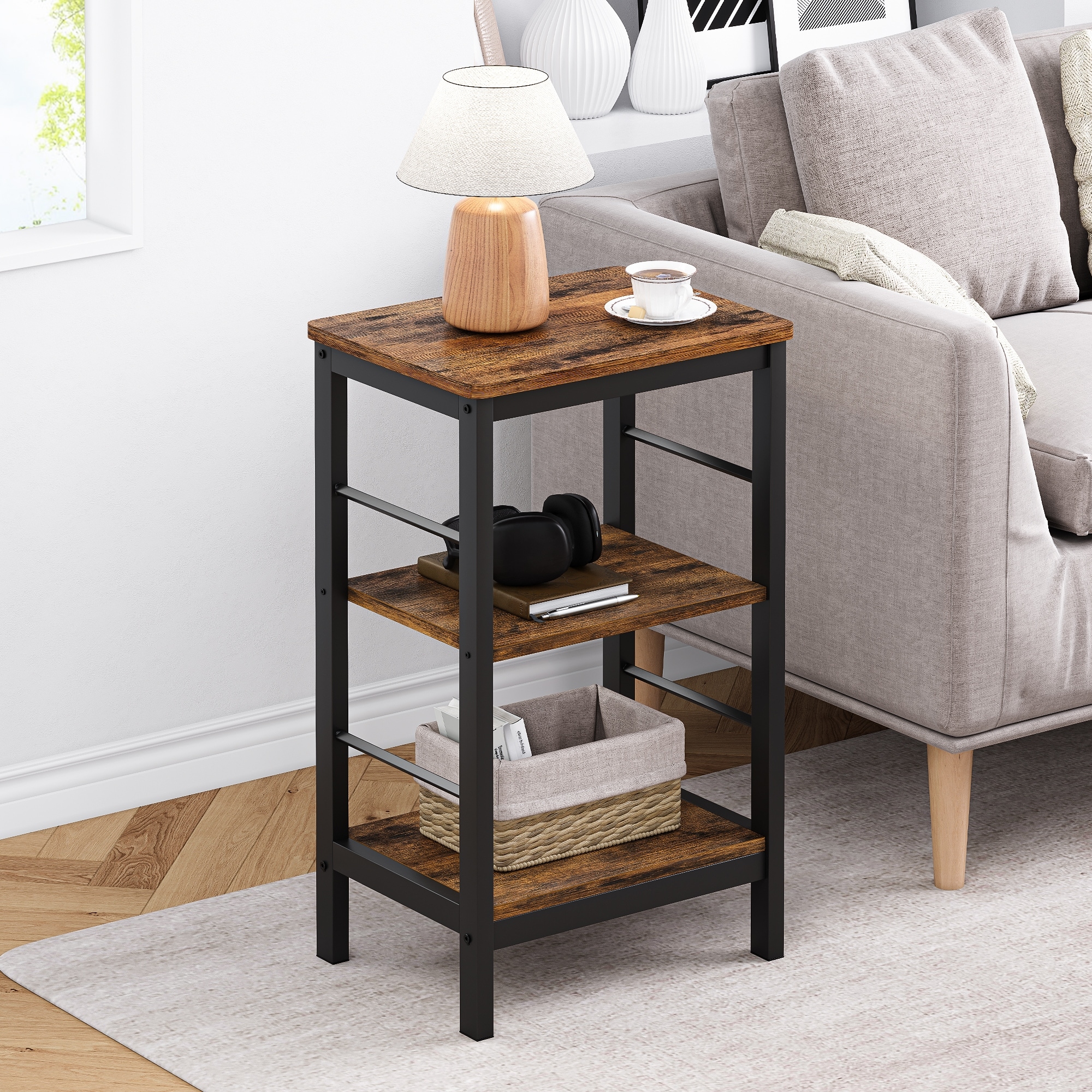 3Tier End Table,Side Table with Storage,Nightstand Shelf,Bedside Table