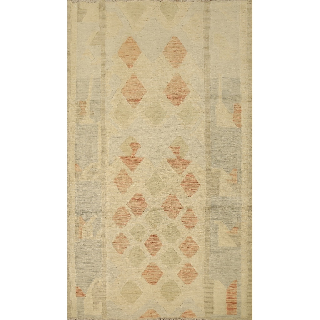 Hand Woven Oriental 100% Wool Carpet Southwestern Tribal Beige & Ivories Kilim Area Rug - 4' 11'' X 3' 3''